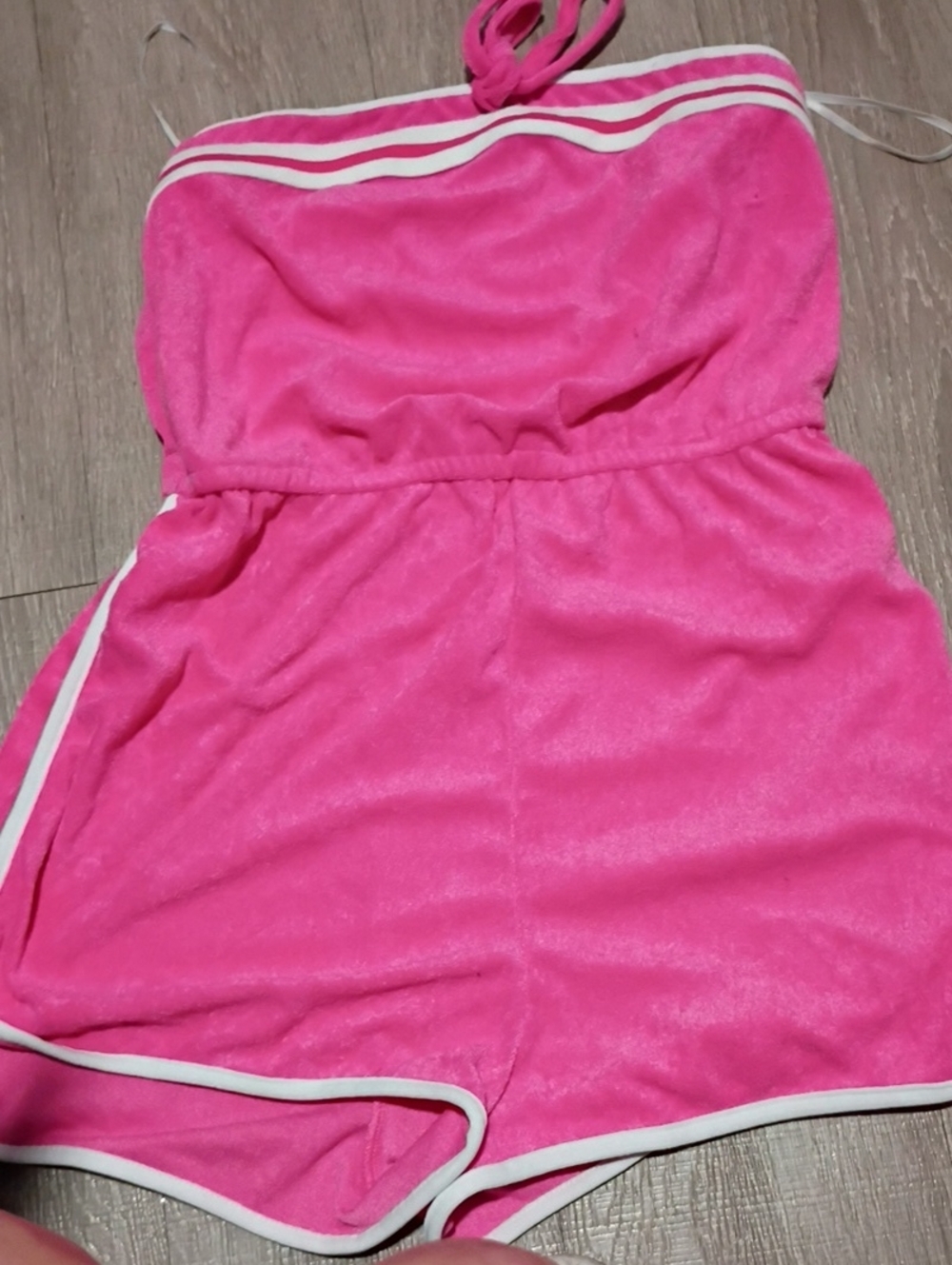 SHEIN Hot Pink Terry Halter Romper shorts with White Trim